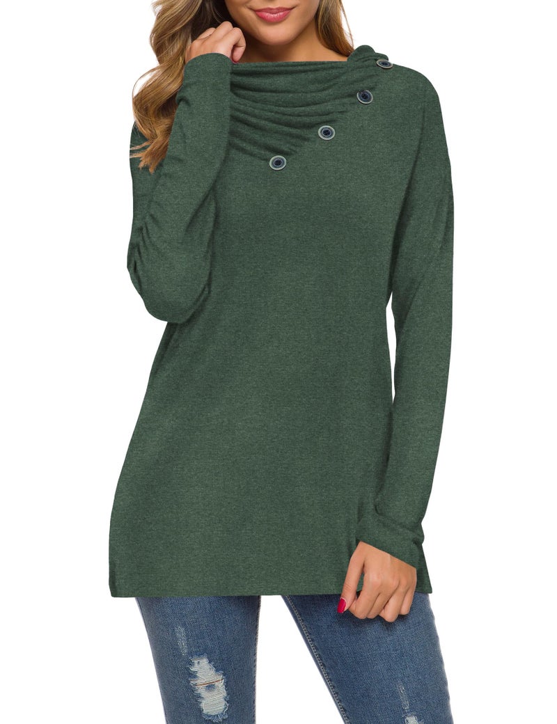 WEACZZY Womens Long Sleeve Shirts Button Cowl Neck Casual Loose Tunic Tops Blouse Dressy (Medium, 10 Green) - Image 1